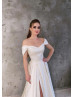 Off Shoulder Ivory Satin High Slit Simple Wedding Dress